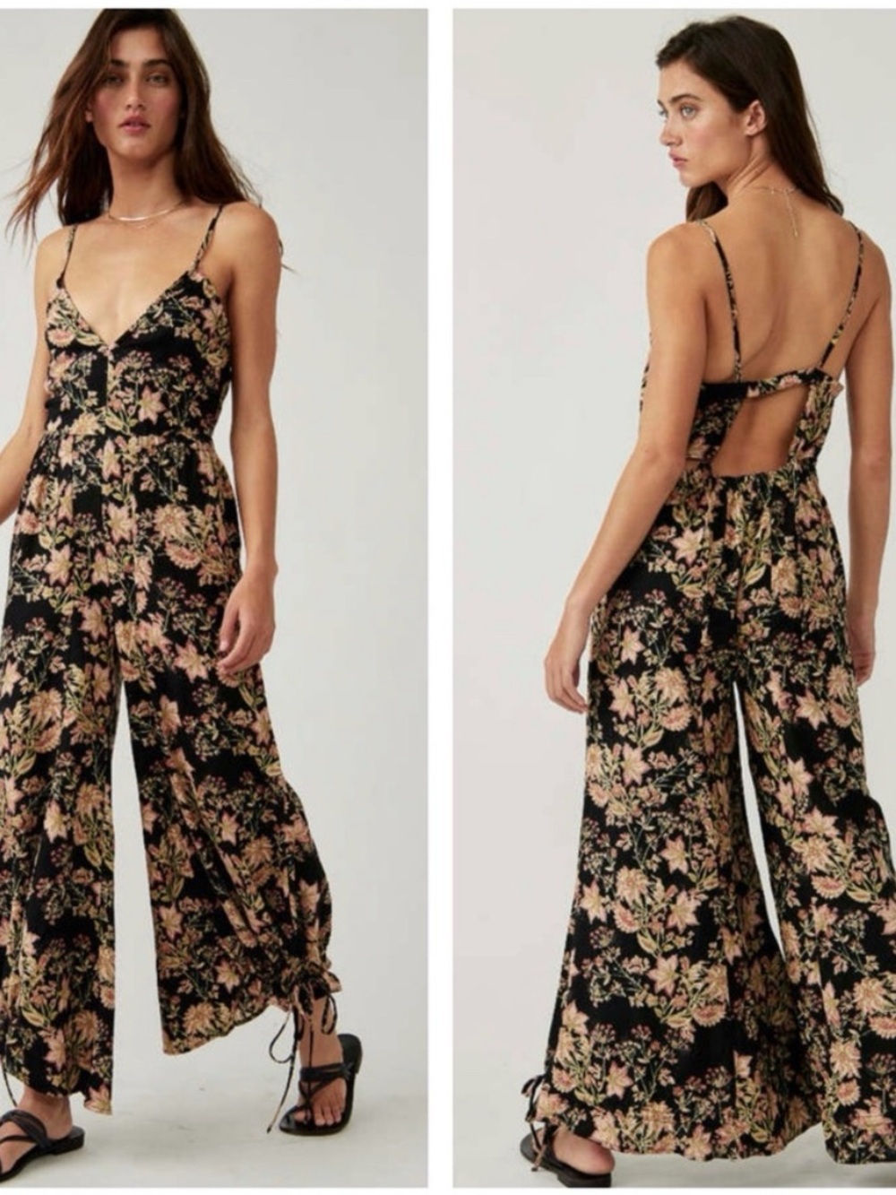 Free People Black Floral Wide-Leg Tie-Hem Jumpsuit
